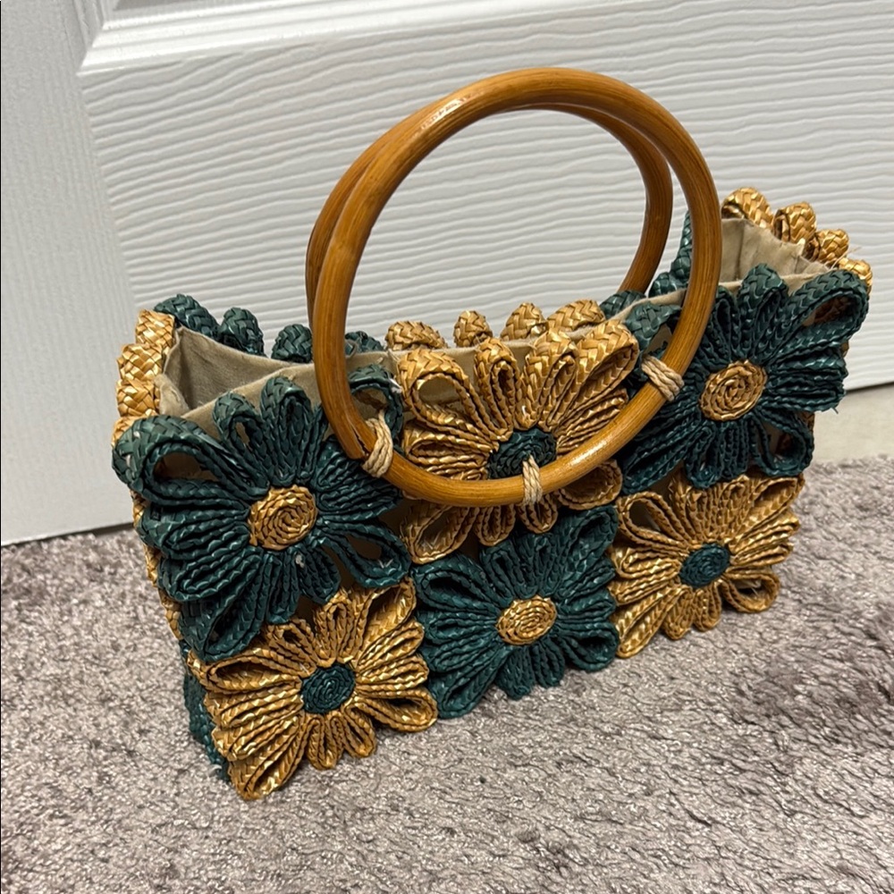 Floral Embroidered Handbag with Wooden Handles